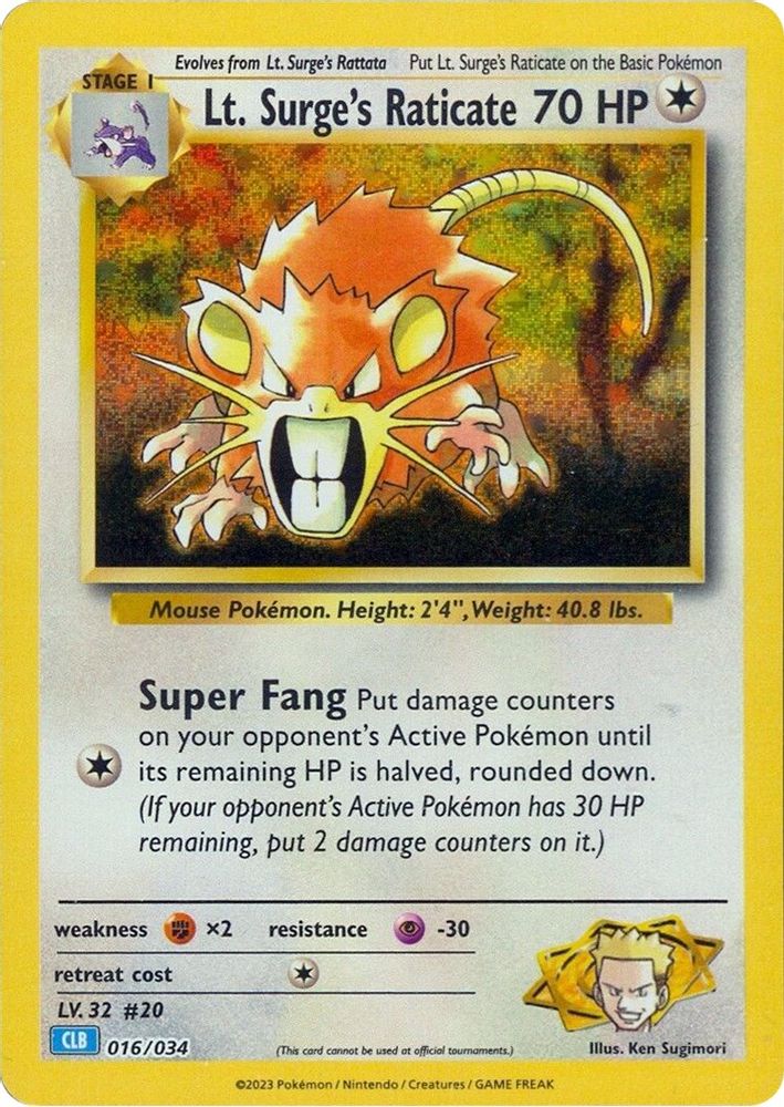 (#016/034) Lt. Surge's Raticate - Holo [Trading Card Game Classic]