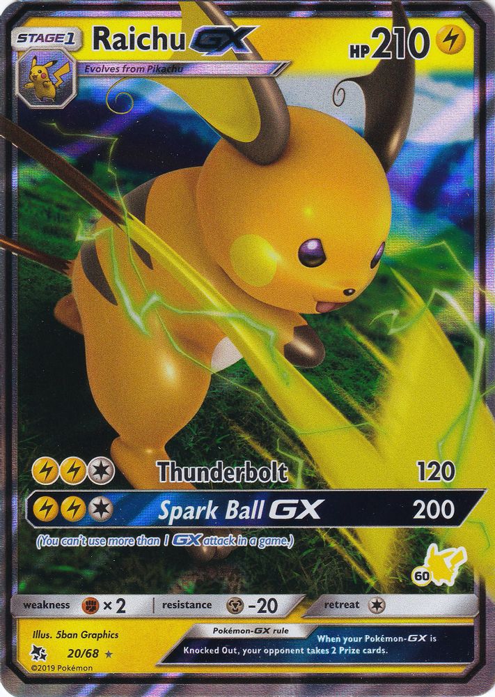 (#020/068) Raichu GX - 20/68 (#60 Pikachu Stamped) - Holo [Battle Academy]